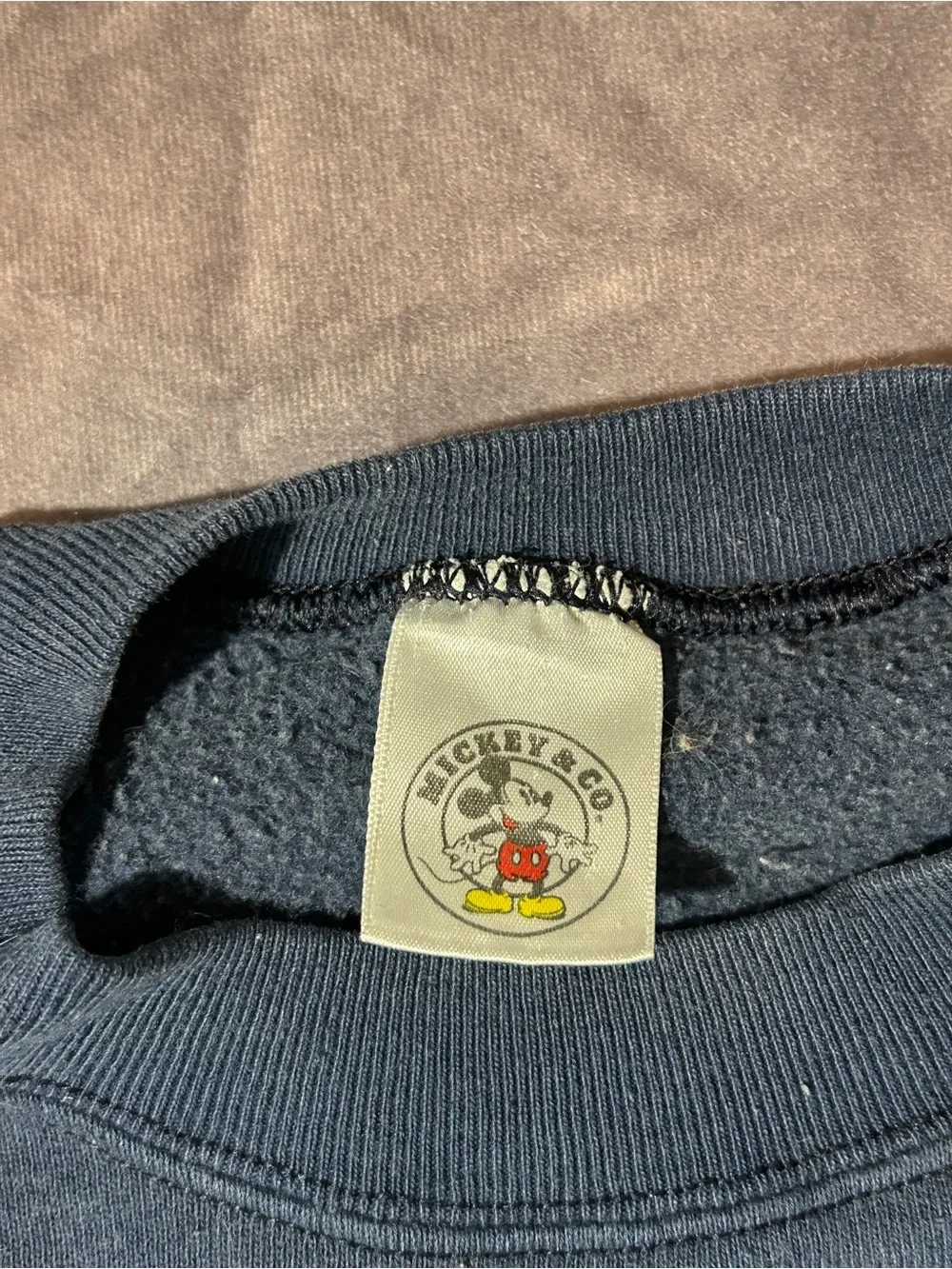Vtg Navy Embroidered Mickey Mouse Crewneck Sweater with Colorful Lettering